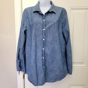 Banana Republic Boyfriend Fit Denim Button Down Shirt Tie Sleeves Chambray M